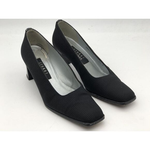 Stuart Weitzman Black Textured Fabric Square Toe Heel‎ Pumps Size 6.5 B - Picture 1 of 8